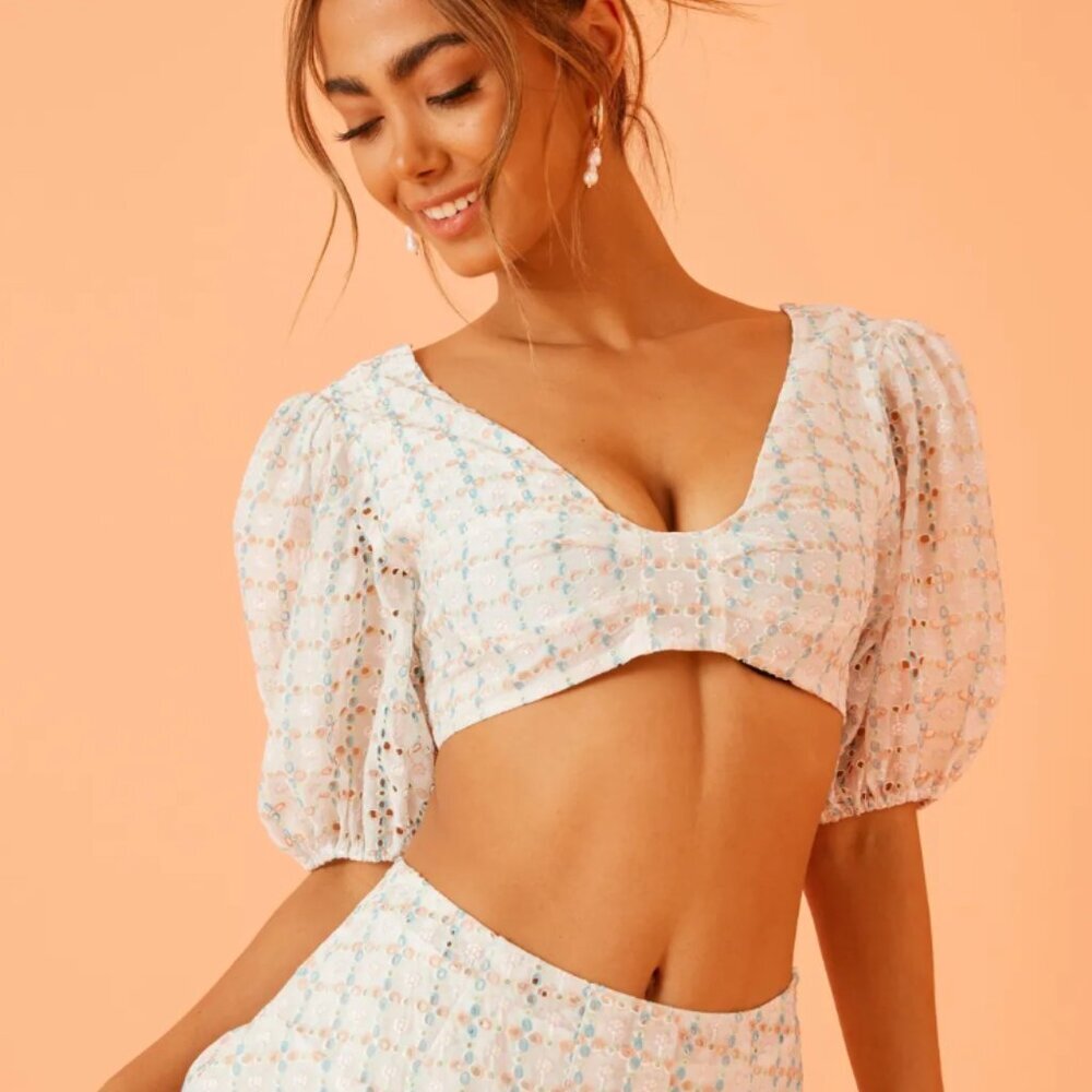 For Love And Lemons White Eyelet Crop Top with Pastel Blue Print - Picture 1 of 14